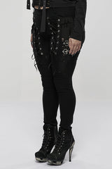 Black Elasticity Knitting Holes Design Cross Tied Rope Decoration Sexy Tight Women's Plus Size Punk Trousers - Product - 2