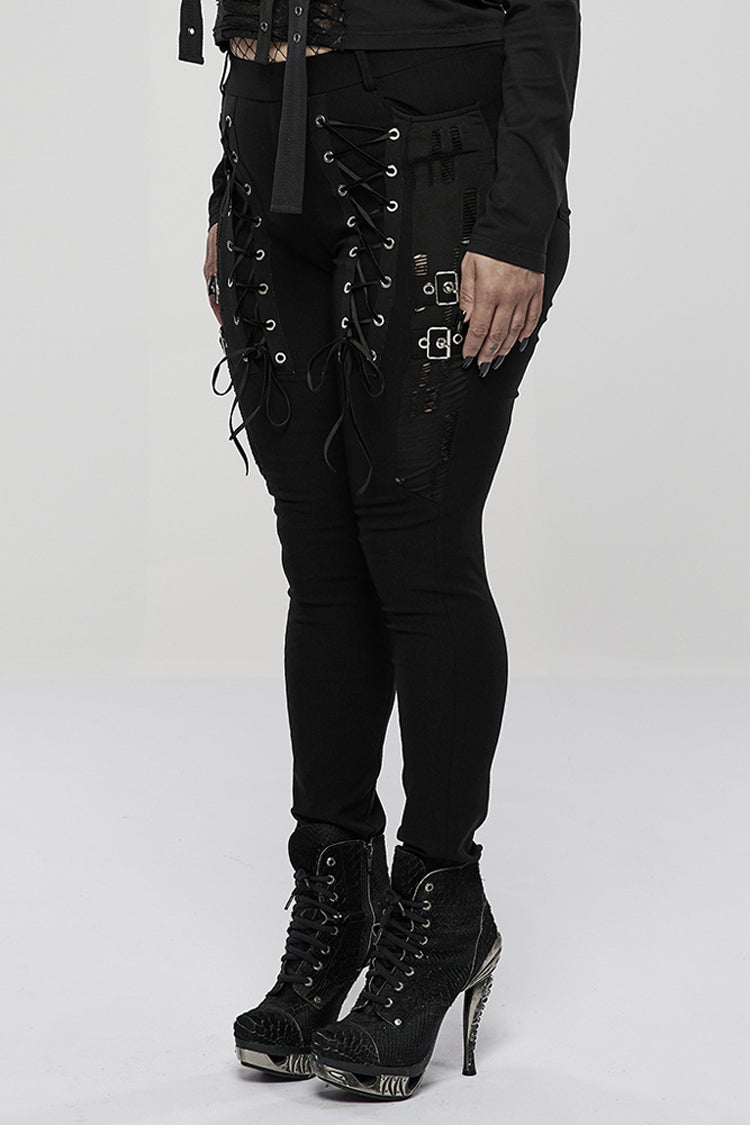 Black Elasticity Knitting Holes Design Cross Tied Rope Decoration Sexy Tight Women's Plus Size Punk Trousers - Product - 2