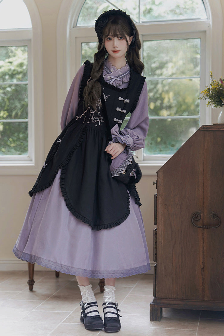 Black/Purple Petal Collar Drawstring Long Sleeves Embroidery Sweet Chinese Style Lolita Dress Two-piece Set - Product - 11