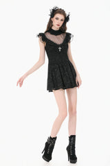 Black Ruffled Mock Neck Floral Cross Lace Splice Sheer Mesh Sleeveless Lace-Up Women's Gothic Dress - Product - 10
