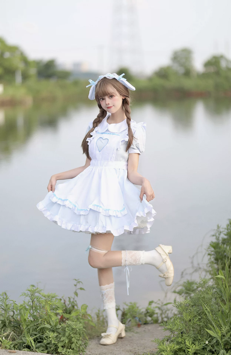 Blue and White Lace Maid Lolita Jumper Dress with Heart Apron - view 5