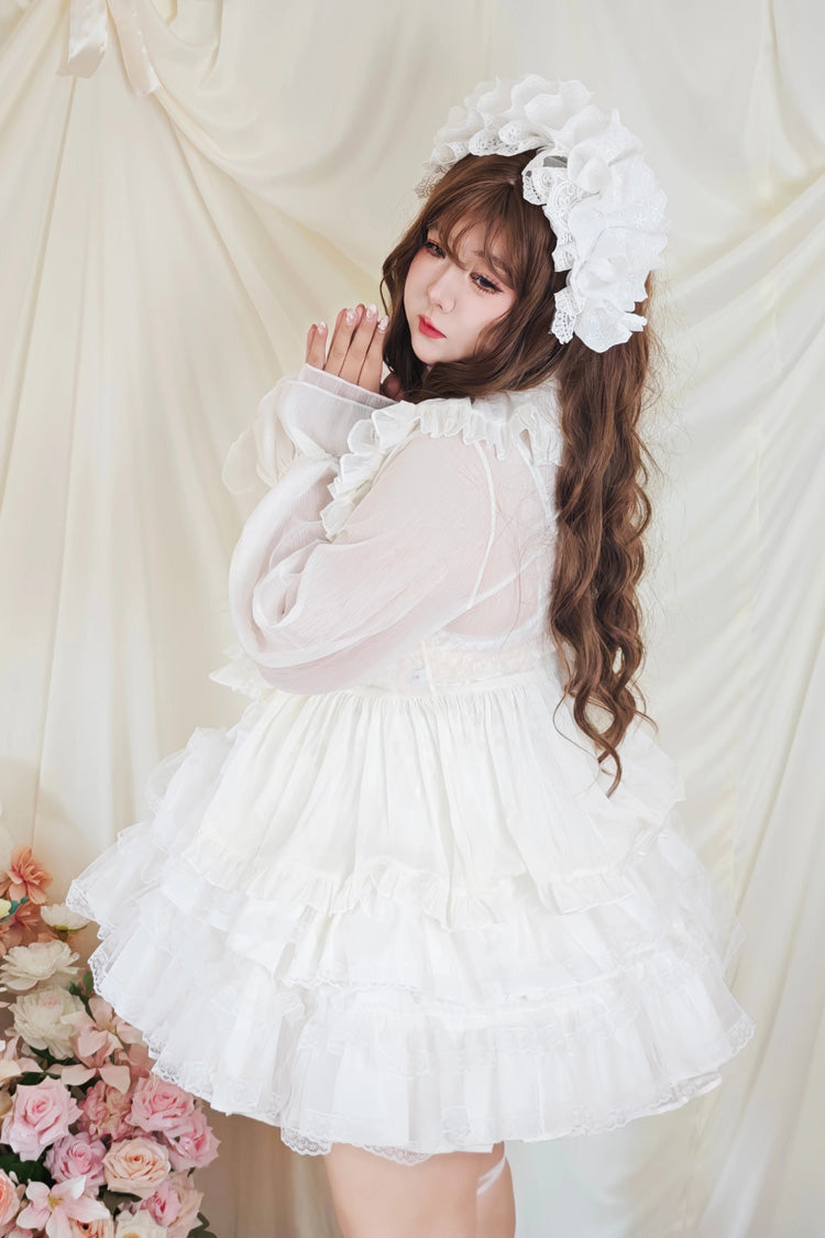 White Sleeveless Multi-Layered Ruffled Bow Lace Pearl-Decorated Sweet Plus Size Lolita Dress - Product - 8