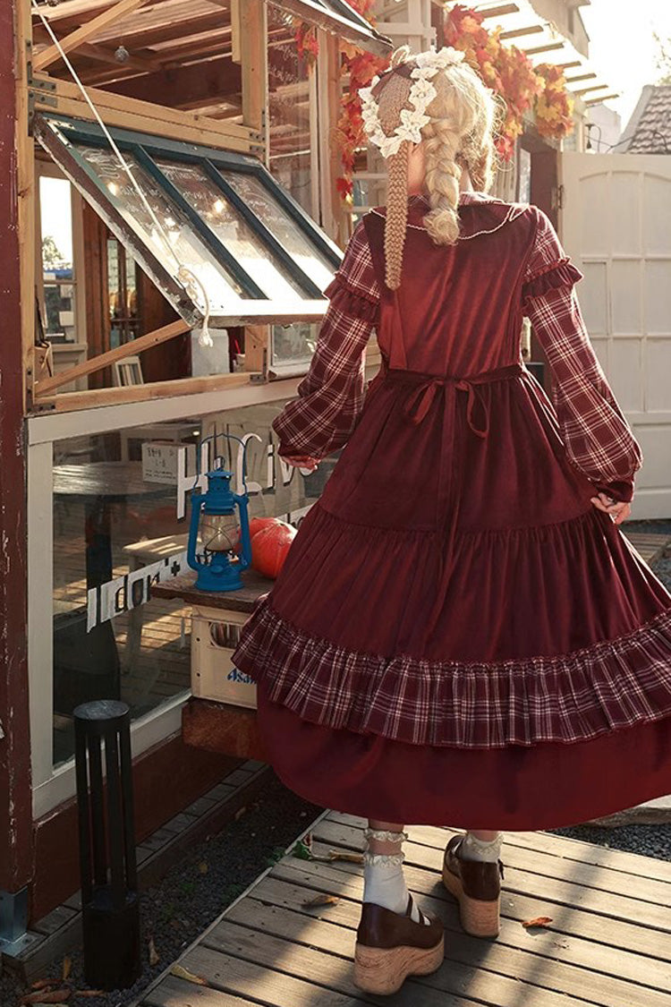 Red Velvet Plaid Print Bowknot Christmas Sweet Lolita Dress - Product - 7