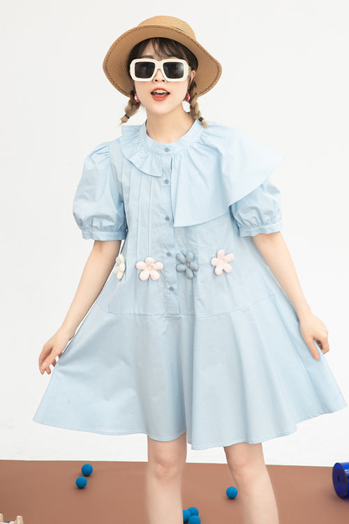 Blue Irregular Ruffled Round Collar Bubble Short Sleeves Waist With Flower Accessories High Waisted Sweet Lolita Dress - Product - 6