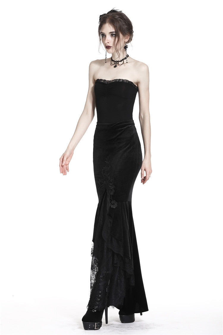 Black Velour Lace Spliced Women's Gothic Mermaid Maxi Skirt - Product - 8