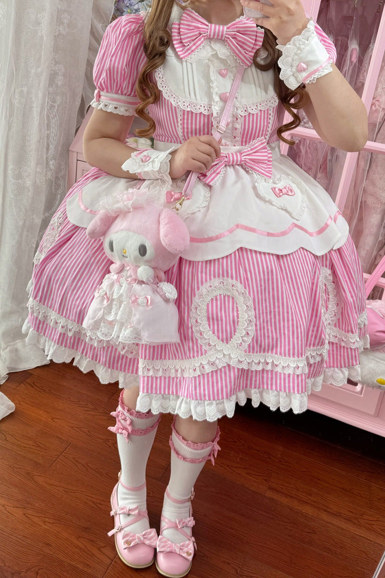 [A Day as a Candy Shop Owner] Peter Pan Collar Short Sleeves Printed Bow Sweet Lolita Dress 3 Colors (Red, Blue, Pink) - Product - 22