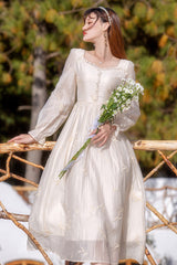 Apricot French Retro Long Lantern Sleeves Embroidery Sweet Lolita OP Dress - Product - 2