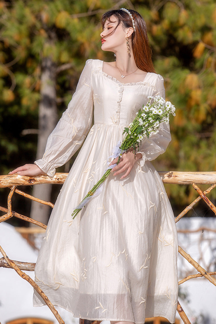 Apricot French Retro Long Lantern Sleeves Embroidery Sweet Lolita OP Dress - Product - 2