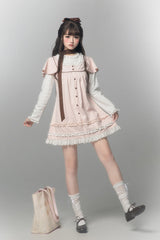 Pink [Polka Dot Bouclé] Round Collar Long Sleeves Printed Ruffled Faux Two-Piece Sweet Japanese Lolita Dress - Product - 7