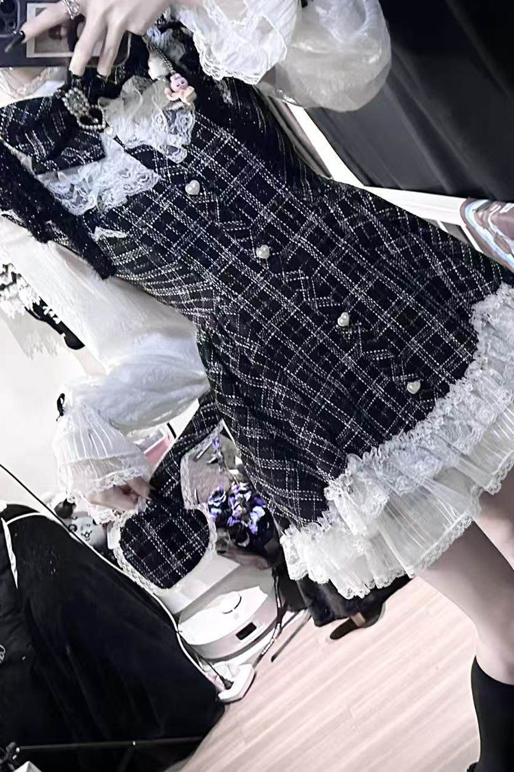 Black [Lunar Eclipse Doll] Long Sleeves Plaid Printed Ruffled Bow Lace Sweet Jirai Kei Japanese Dress Shorts Set - Product - 13
