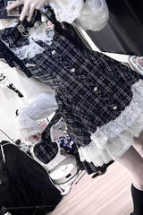 Black [Lunar Eclipse Doll] Long Sleeves Plaid Printed Ruffled Bow Lace Sweet Jirai Kei Japanese Dress Shorts Set - Product - 13