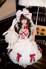 White [Dream of the Misty Moon] Sleeveless Multi-Layered Ruffled Bow Lace Pearl-Decorated Sweet Princess Lolita Jsk Dress - Product - 5