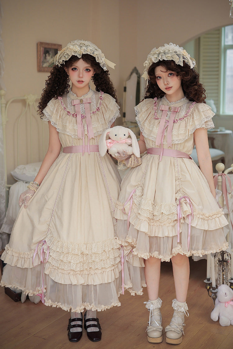 Apricot [Lily's Dream] Stand Collar Short Sleeves Loose-Fit Doll-Like Multi-Layered Ruffled Bow Lace Sweet Lolita Dress 2 Versions - Apricot(Short-Dress-Only) - 1