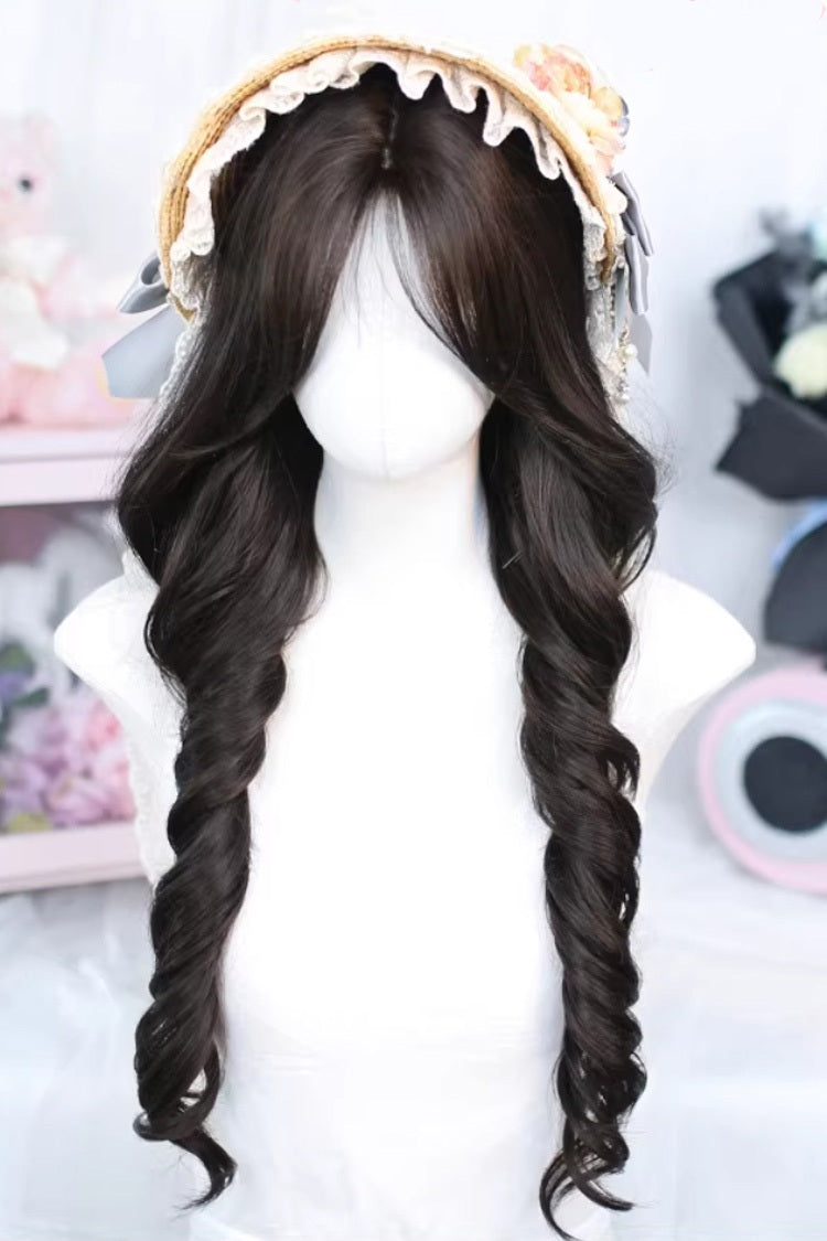 Black Tea Brown Long Curly Wig Light Wispy Bangs Sweet Lolita Style - Black-Tea-Brown - 1