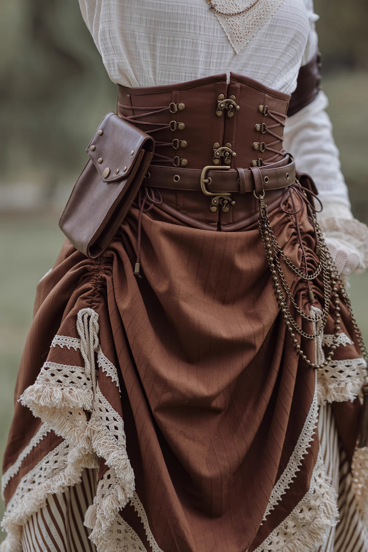 Brown Lace-Up Classic Vintage Leather Waist Lolita Belt with Metal Horn Buckle - Brown - 1