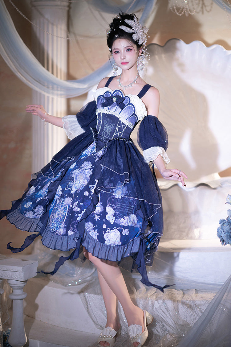 Blue [Deep Sea Jellyfish] Print Ruffle Lace Sweet Elegant Lolita Jsk Dress - Product - 5