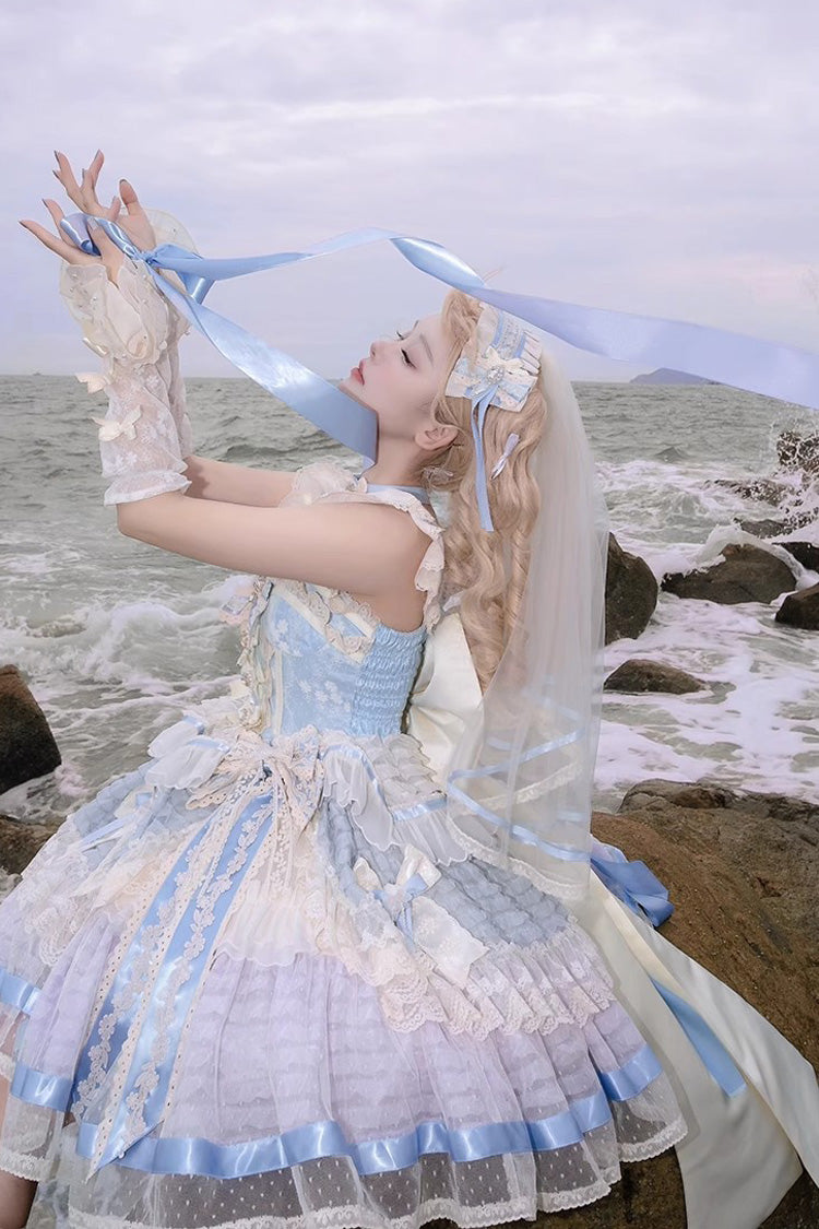Blue [Moonstone] Sleeveless Ruffle Embroidery Bowknot Lace Fishbone Sweet Princess Lolita Dress - Product - 14