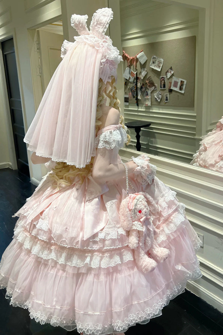 Pink [Sakura Bunny Ballad] Square Collar Flutter Sleeves Jacquard Ruffled Bow Lace Sweet Elegant Luxurious Long Lolita Jsk Dress - Product - 14