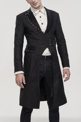 Black Punk Twill Imitation Leather Metal Pin Decoration Drawstring Design Long Men's Coat - Product - 2