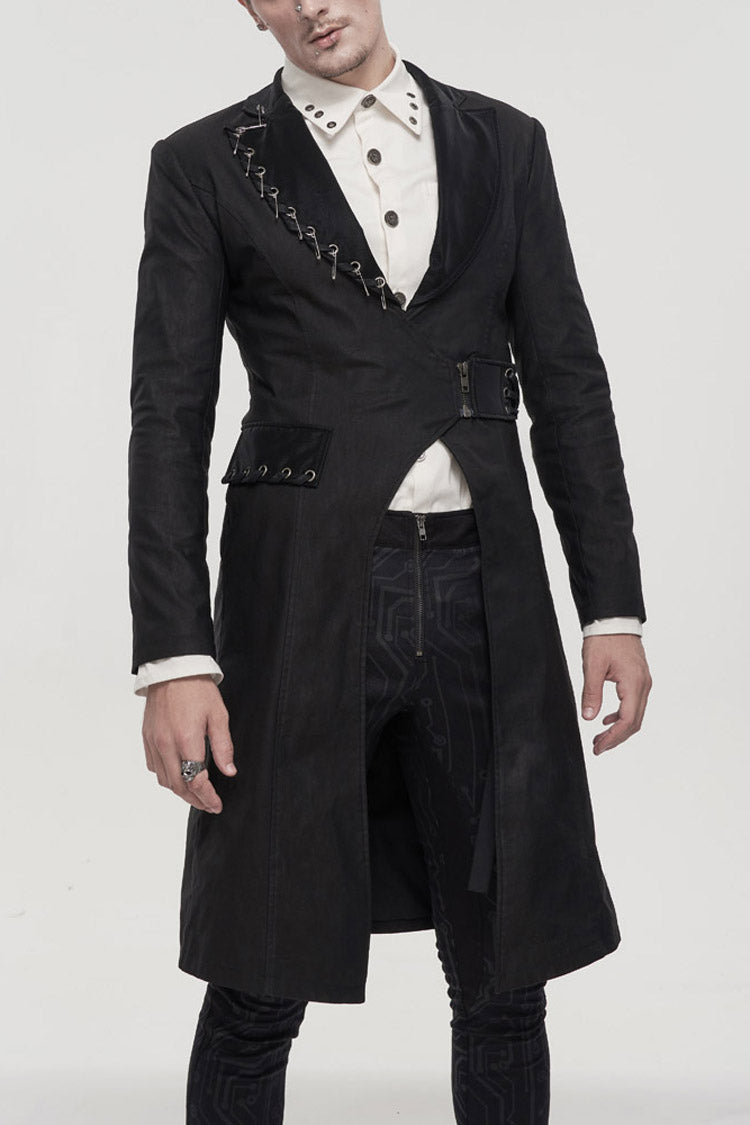 Black Punk Twill Imitation Leather Metal Pin Decoration Drawstring Design Long Men's Coat - Product - 2