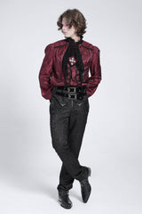 Red Long Puff Sleeves Men's Gothic Blouse with Lace Necktie - Product - 8
