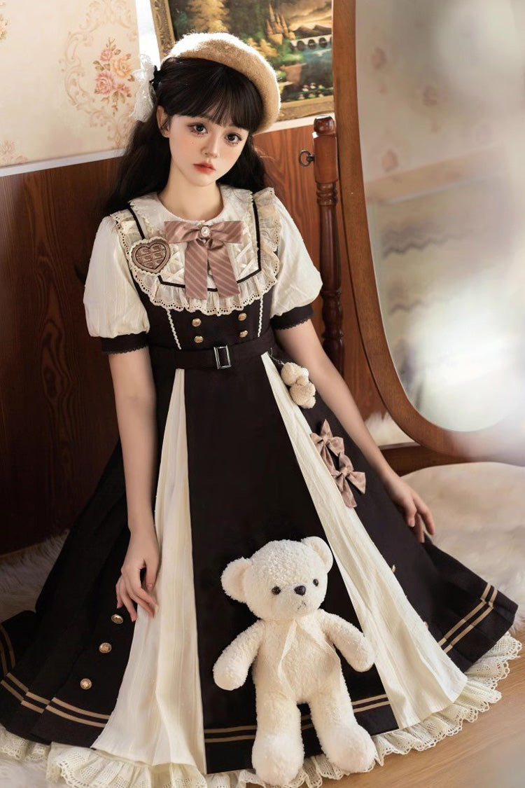 Black/White Chocolate Workshop Long Version Elegant Short Puff Sleeves Sweet Lolita Dress - Product - 4