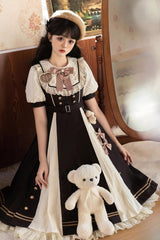 Black/White Chocolate Workshop Long Version Elegant Short Puff Sleeves Sweet Lolita Dress - Product - 4