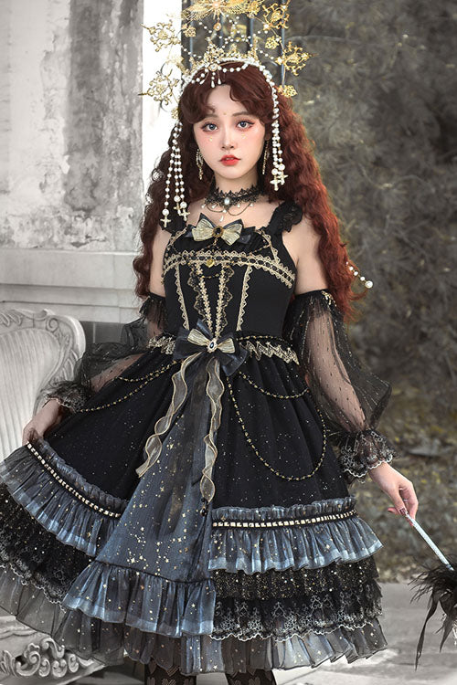 Black Starry Night Square Collar Bowknot Multi-Layer Ruffled Cardigan Gothic Lolita JSK Dress with Detached Sleeves - Product - 2