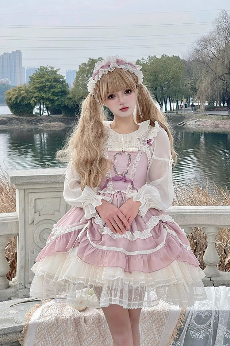 Pink Floating Light Dance Multi-layer Ruffle Embroidery Bowknot Lace Sweet Lolita Jsk Dress - Pink - 1
