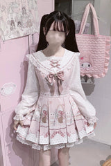 White/Pink [Strawberry Bunny] Navy Collar Long Sleeves Double-Layered Printed Ruffled Bow Lace Sweet Japanese Jirai Kei Dress - Product - 2