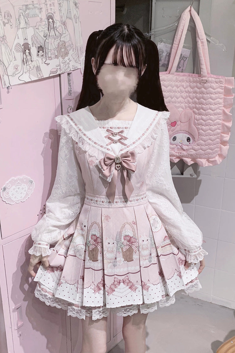 White/Pink [Strawberry Bunny] Navy Collar Long Sleeves Double-Layered Printed Ruffled Bow Lace Sweet Japanese Jirai Kei Dress - Product - 2