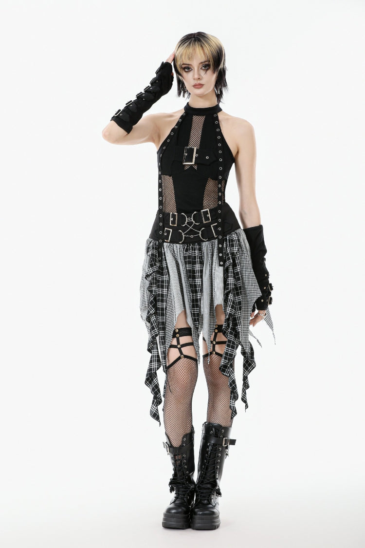 Black Off Shoulder Halterneck Sleeveless Mesh Eyelet Strap Women's Punk Top - Product - 9