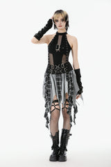 Black Off Shoulder Halterneck Sleeveless Mesh Eyelet Strap Women's Punk Top - Product - 9