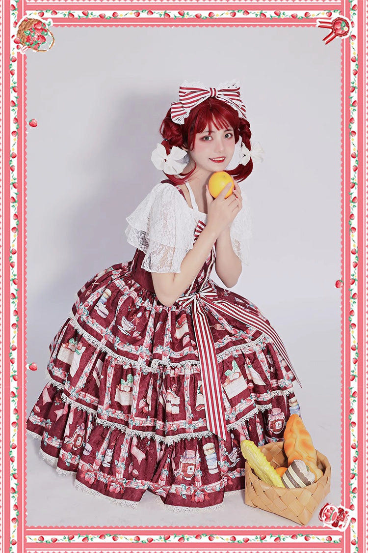 Strawberry Afternoon Tea Cake Ice Cream Print Bowknot Sleeveless Sweet Lolita Tiered Dress 3 Colors - Product - 5