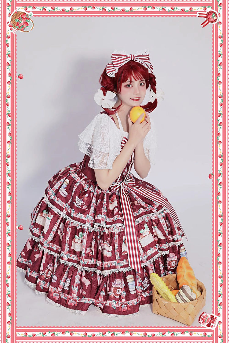 Strawberry Afternoon Tea Cake Ice Cream Print Bowknot Sleeveless Sweet Lolita Tiered Dress 3 Colors - Product - 5