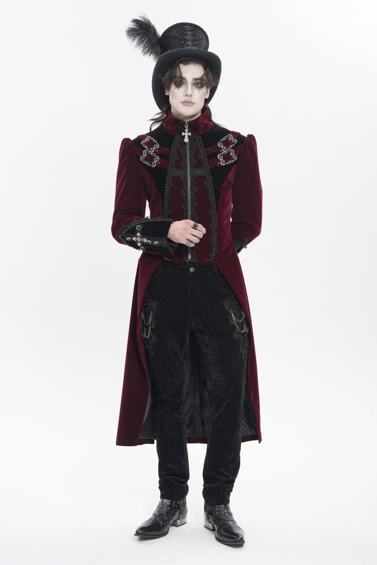Red Stand Collar Long Sleeves Embroidered Color-Blocked Buckled Zippered Men's Gothic Palace Jacket - Red - 1