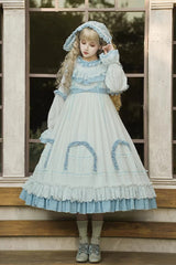 Blue [Twin Lilian] Round Collar Long Sleeves Double-Layered Ruffled Bow Lace-Up Sweet Lolita Dress - Product - 2