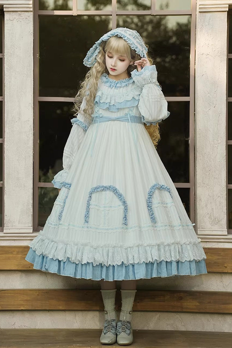 Blue [Twin Lilian] Round Collar Long Sleeves Double-Layered Ruffled Bow Lace-Up Sweet Lolita Dress - Product - 2