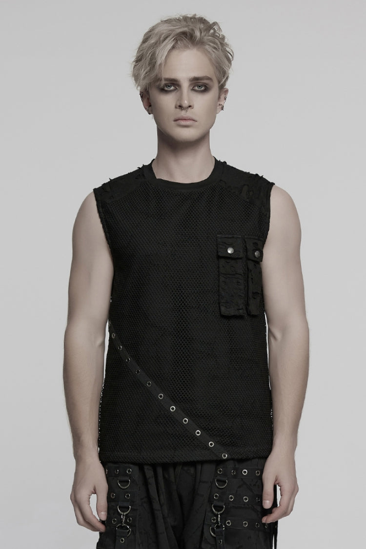 Black Round Collar Sleeveless Stitching Mesh Ripped Men's Punk Vest - Black - 1