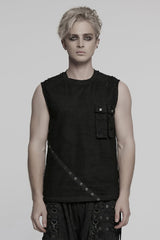 Black Round Collar Sleeveless Stitching Mesh Ripped Men's Punk Vest - Black - 1