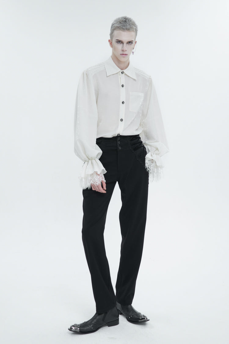 White Lapel Collar Puff Sleeved Lace Hem Men's Gothic Shirt - Product - 2