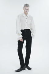 White Lapel Collar Puff Sleeved Lace Hem Men's Gothic Shirt - Product - 2