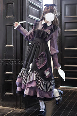 Black [Witch Academy] Double-Layered Stripe Print Ruffle Bowknot Irregular Sweet Lolita Jumper Dress - Product - 6