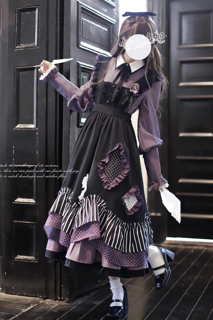Black [Witch Academy] Double-Layered Stripe Print Ruffle Bowknot Irregular Sweet Lolita Jumper Dress - Product - 6
