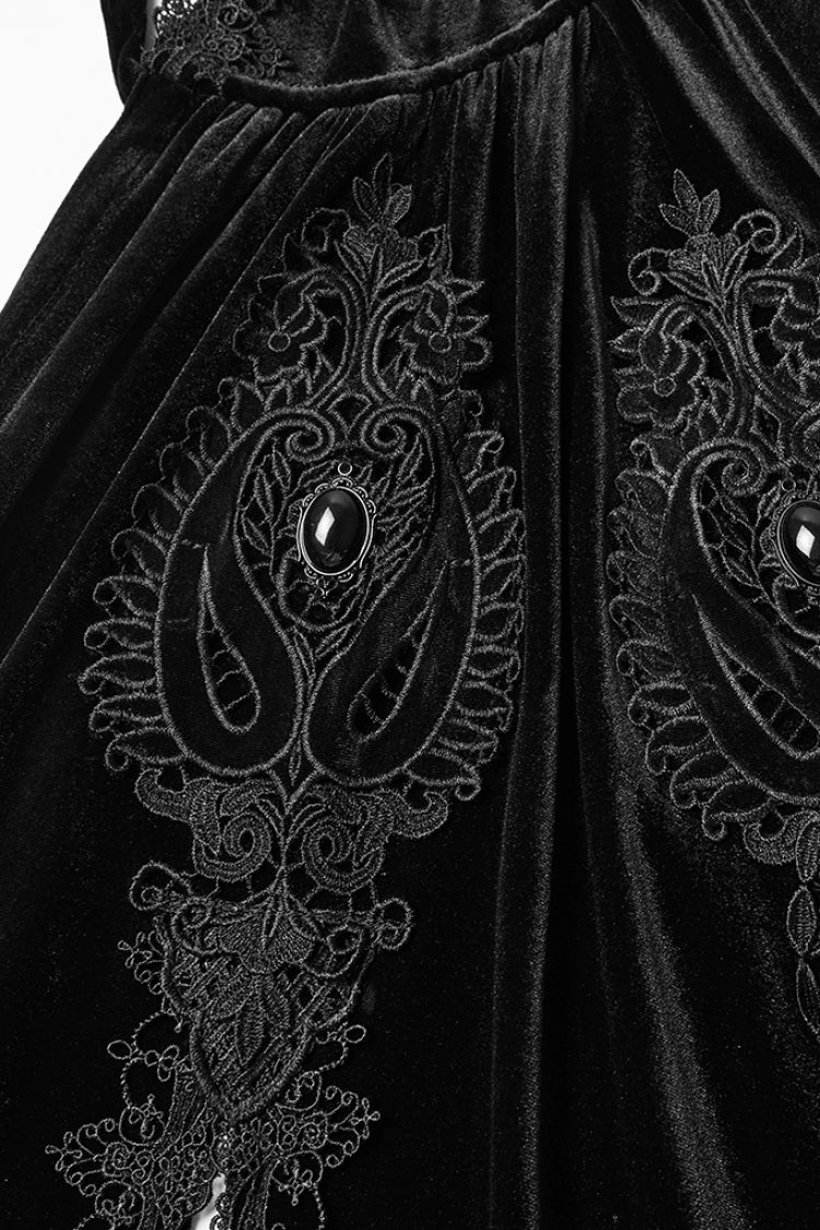 Black Floral Embroidery Diamante Velvet Hooded Women's Gothic Cloak - Product - 5