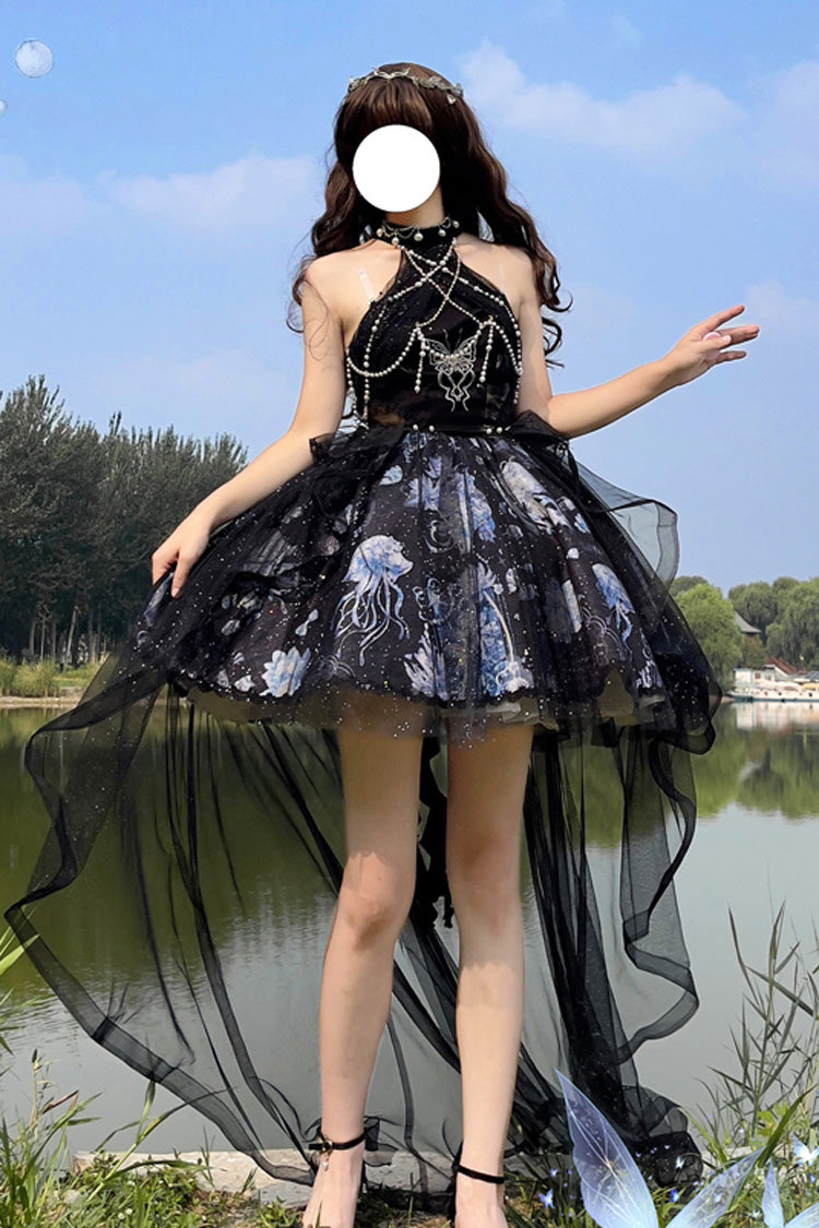 Blue [Deep Sea Jellyfish] Halterneck Sleeveless Print Embroidery Bowknot Lace Sweet Elegant Lolita Jsk Dress - Product - 10