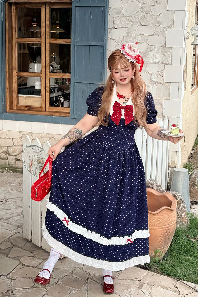 Blue V Collar Short Sleeves Polka Dot Printed Ruffled Bow Lace Classic Plus Size Preppy Style Lolita Dress - Product - 2
