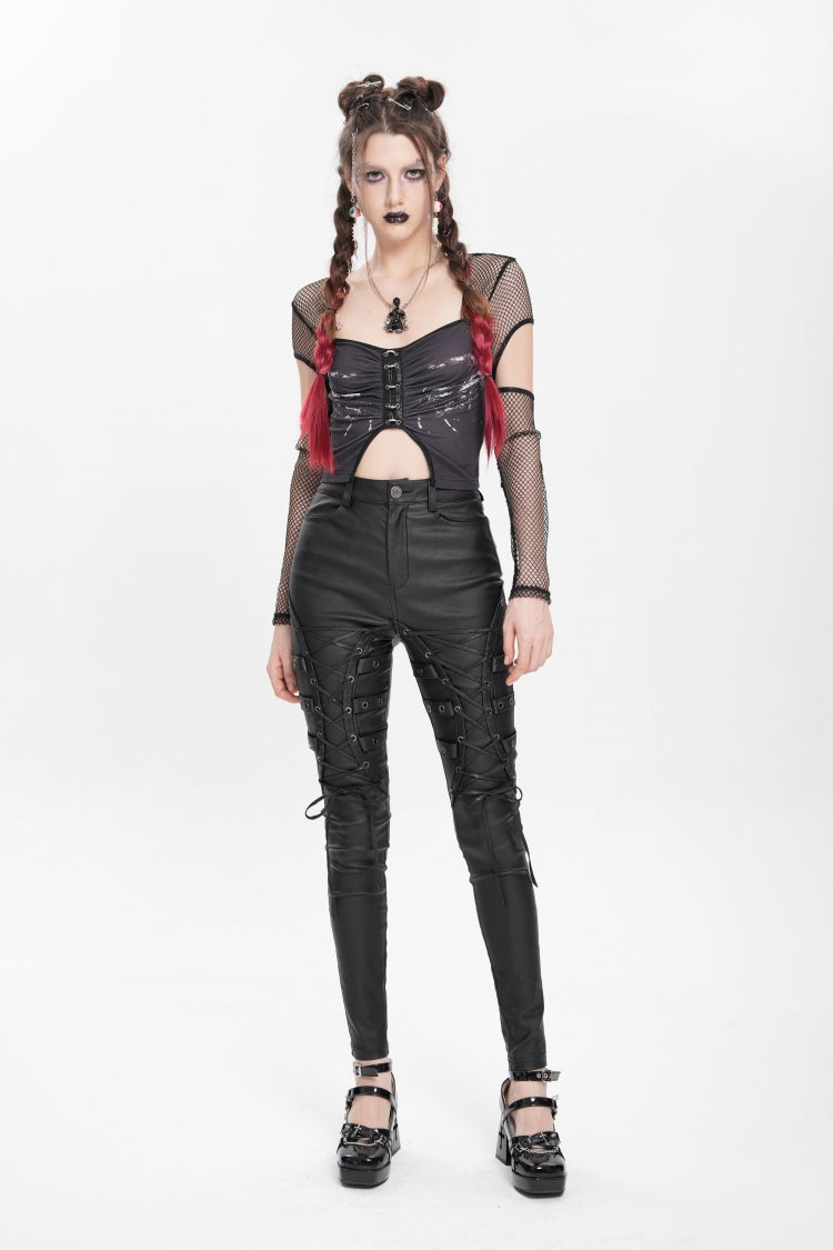 Black Lace-Up Eyelet Straps Women's Punk Pants - Product - 7