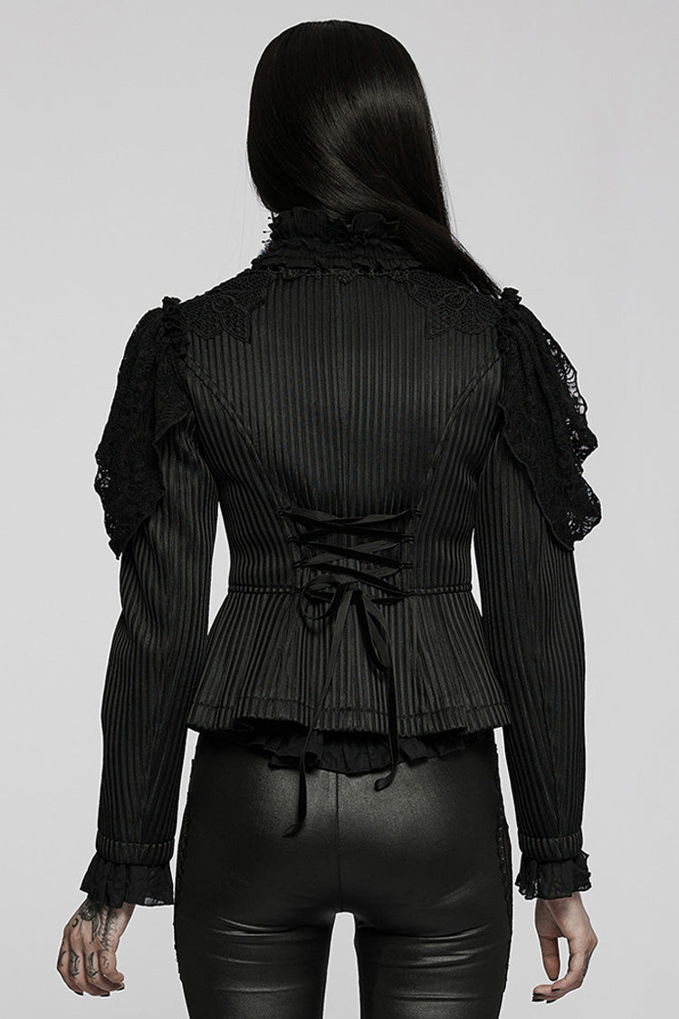 Black Gothic Lace Jacquard Double Row Velvet Button Metal Zip Back Lace Up Women's Jacket - Product - 3