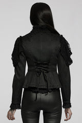 Black Gothic Lace Jacquard Double Row Velvet Button Metal Zip Back Lace Up Women's Jacket - Product - 3
